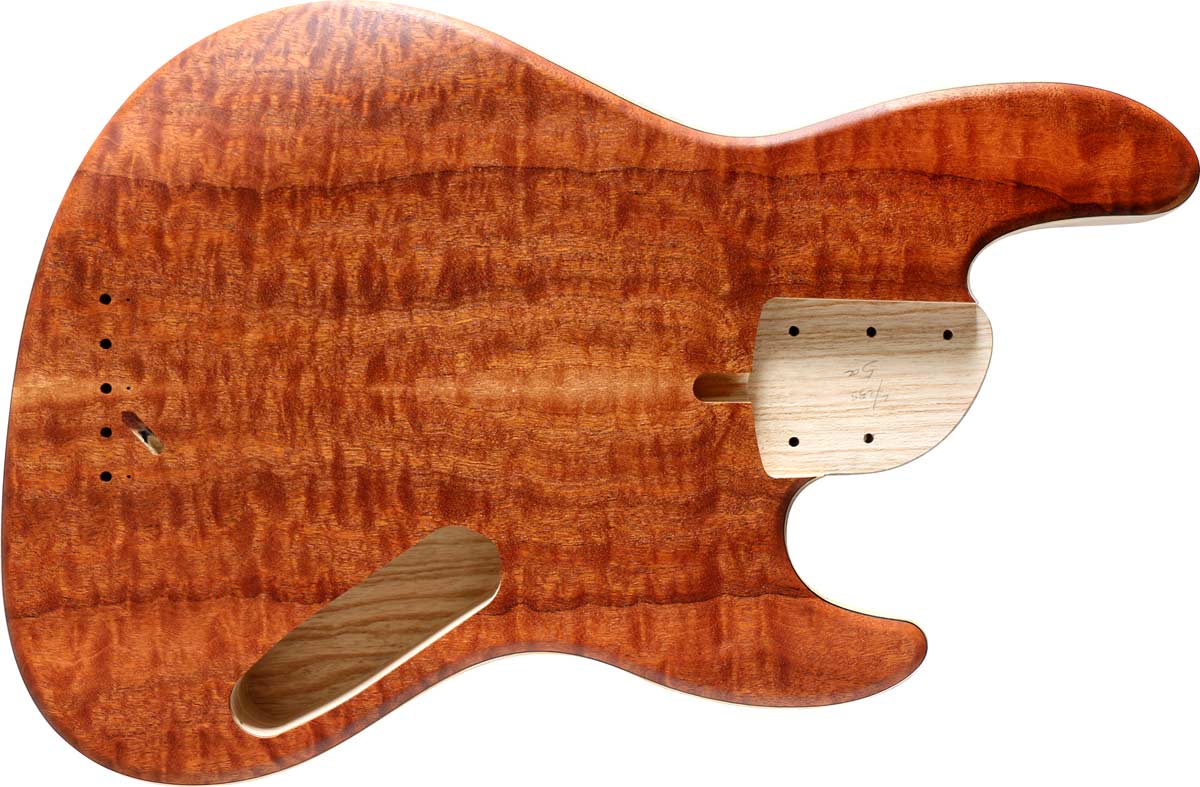 5-string bass body with a quilted sapele top and ash body